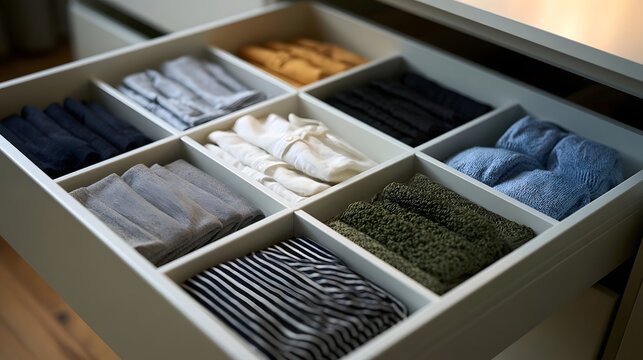 A neatly organized drawer with divided compartments holding folded clothing items in various colors and textures