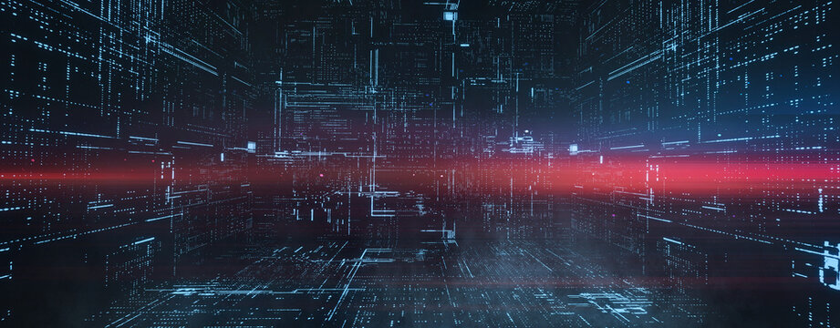 Abstract digital background with glowing blue tech grid perspective and smoky dark atmosphere 3d render