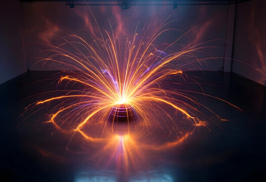 Innovation and creativity concept bright sparks exploding from a central point in a dark room energy inspiration and breakthrough ideas