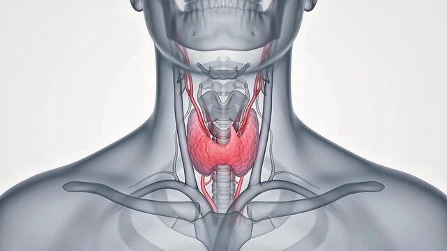 3D medical animation of the human thyroid gland located in the neck showing surrounding anatomical structures like the larynx and trachea