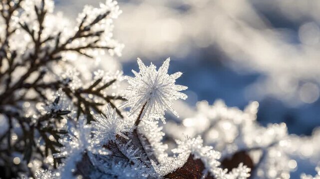 Close-up of frost crystals on evergreen branches in bright winter sunlight, macro detail