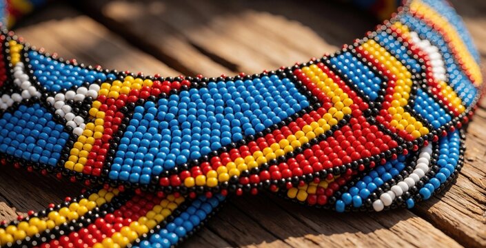 Vibrant bead necklace showcases intricate patterns and indigenous African artistry. This handmade jewelry piece, full of color and tradition, lies on rustic wooden surface.