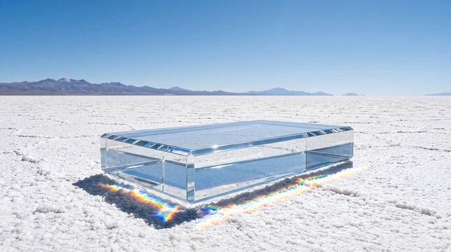 Futuristic glass crystal platform reflecting rainbow light on a vast white salt flat desert.