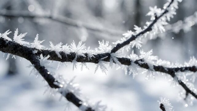 Close-up of frost crystals on tree branches in a winter forest, delicate ice formations