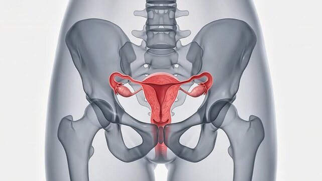 3D medical animation of the female reproductive system showing the uterus and fallopian tubes highlighted within a transparent human pelvis skeleton model.