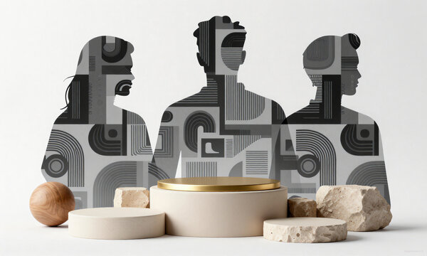 generate photorealistic image beige podium gold top positioned center composition surrounded sandstone