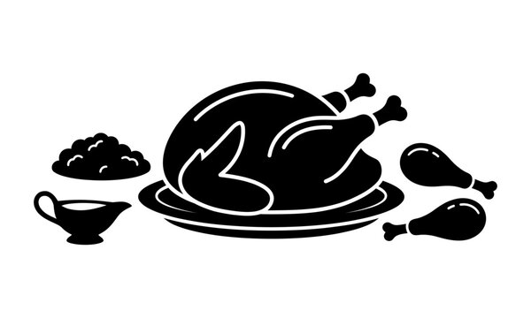 A simple black and white vector icon illustration featuring a delicious roasted turkey dinner for holiday celebrations