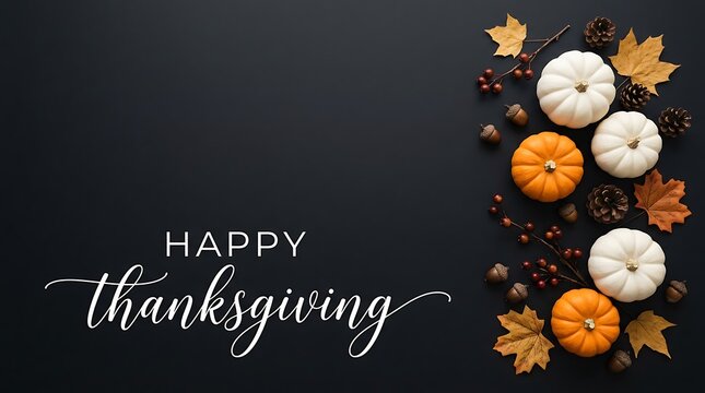 A festive flat lay composition featuring decorative pumpkins and autumn leaves for a beautiful thanksgiving day celebration background design