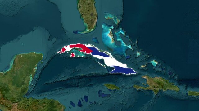 Cuba Country Map and National Flag Satellite Earth Zoom Animation