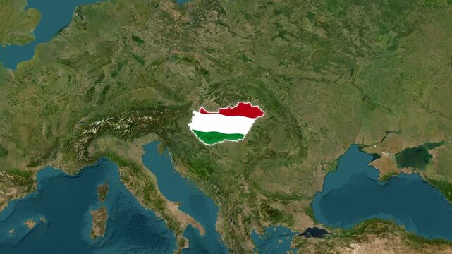 Hungary Country Map and National Flag Satellite Earth Zoom Animation