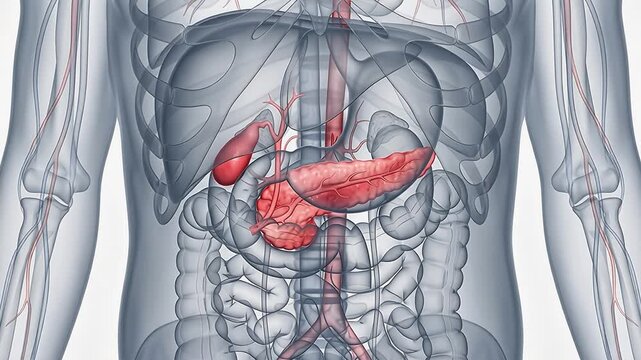 3D medical animation of the human pancreas and gallbladder highlighted within the abdominal cavity of a semi-transparent body