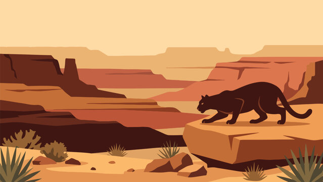 Minimalist flat southwest canyon landscape vector illustration with cougar mountain lion silhouette and layered mesas, wilderness banner background