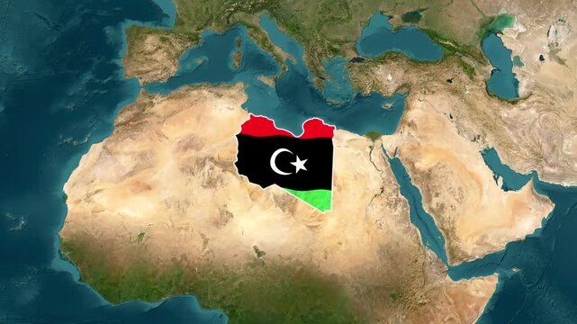 Libya Country Map and National Flag Satellite Earth Zoom Animation