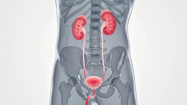 Medical 3D illustration showing the anatomy of the human urinary system including kidneys, bladder, and ureters within a transparent male torso