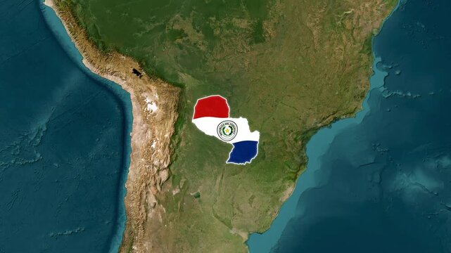 Paraguay Country Map and National Flag Satellite Earth Zoom Animation