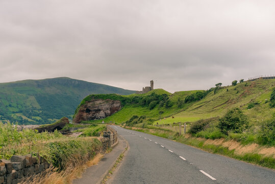 Ruins of Red Bay Castle on a rocky headland above Red Bay, County Antrim, Northern Ireland, UK - 4 September 2026.