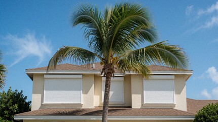 Obraz premium Closed hurricane shutters protect house windows against storm damage. Large palm tree stands in front of modern residential building. Tropical home exterior features white rolling security shutters