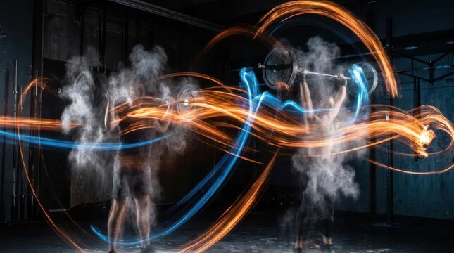 Abstract silhouette workout with dynamic orange light trails.