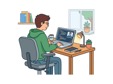 A person is learning programming and engineering online from home, while a student develops software on a laptop during an internet course, and a programmer works at their desk; the illustration is a