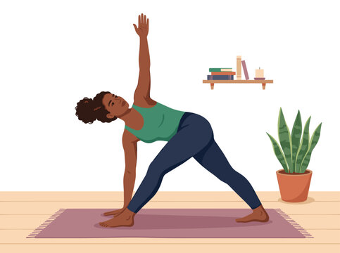 A Black woman practicing yoga at home, performing the parivritta trikonasana on her mat, illustrated as a flat cartoon vector