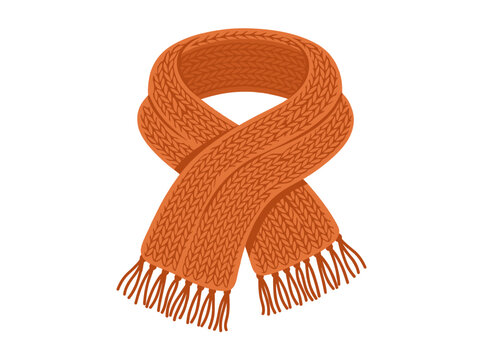 A cozy, fringe‑trimmed knitted scarf wrapped snugly around the neck, a soft woolen accessory perfect for winter weather, depicted as a flat vector illustration on a white background