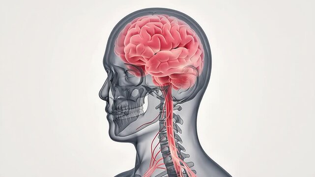 3D anatomical illustration of a human head in profile showing the brain skull and spinal cord nerves