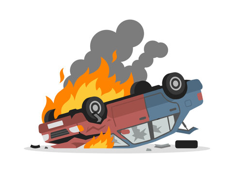 A flipped vehicle is ablaze after a collision, depicted as a flat vector illustration against a white backdrop