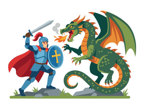 A valiant knight battles a dragon in a flat vector illustration, depicted as a medieval warrior wielding sword and shield against a mythical beast, isolated on a white background
