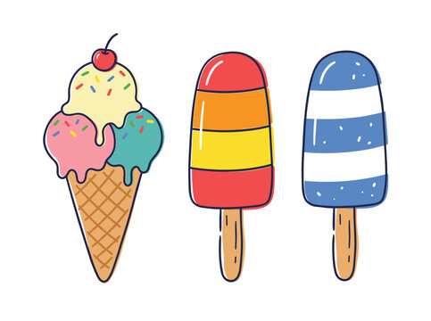 A simple doodle of ice cream and popsicles, a cold sweet frozen dessert like sorbet, depicted as a summer snack or treat in a child&rsquo;s sketch, shown as a flat vector illustration on a white background
