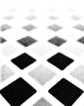 Repeating black diamonds diminish toward the distance with soft monochrome halftone fading.
