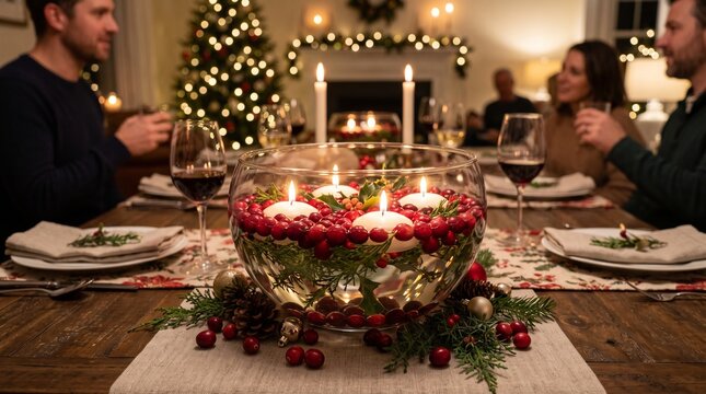 Cozy Christmas Dinner Party with Festive Table Centerpiece and Family Gathering