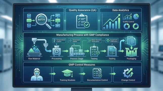 Manufacturing Process Flowchart with GMP Compliance, Quality Assurance, and Data Analytics