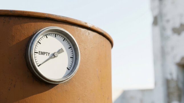 Fuel gauge oil tank energy crisis warning shows empty industrial container beside weathered wall under pale daylight
