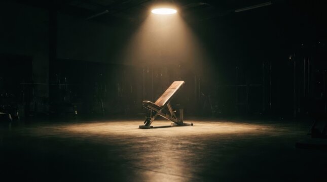 Adjustable weight bench under spotlight in dark gym.