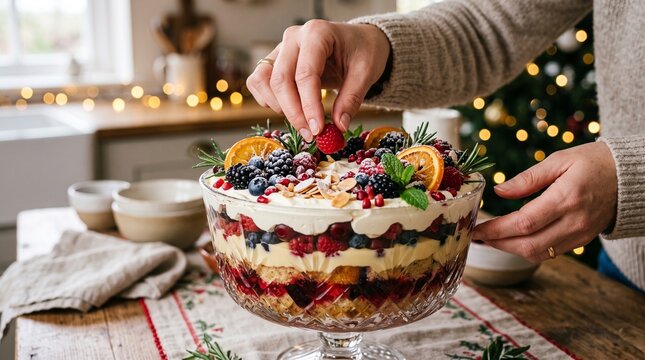 Person decorating a festive berry trifle with fresh raspberries and mint leaves for the holidays