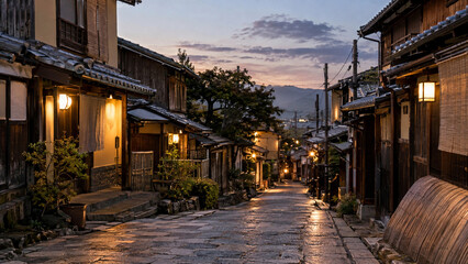 Fototapeta premium Traditional Japanese Town Street at Dusk with Warm Lights