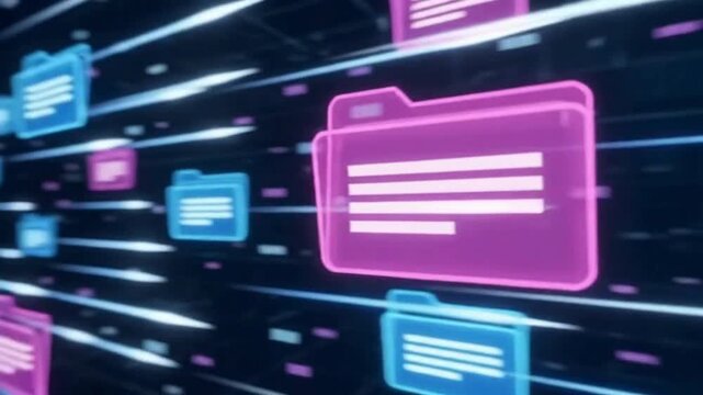 Glowing blue folder icon with red blue light trails speeding through dark digital space representing fast data transfer. Neon glowing file transfer icon, data migration concept, digital information 