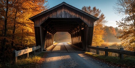 Obraz premium Rustic wooden covered bridge crosses small river in New England forest. Autumn trees with orange foliage surround old structure. Morning sun rays shine through timber frame on rural road. Scenic fall