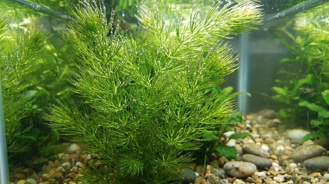 Hornwort plant growing underwater inside a home fish tank, lush green foliage, natural aquatic environment