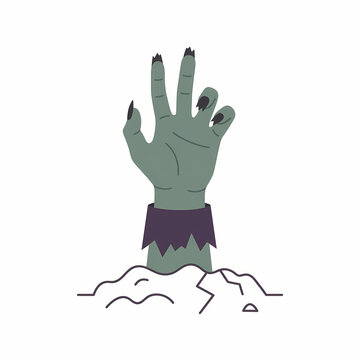 Green undead zombie hand reaching out and rising from the cracked dirt ground. Vector illustration for Halloween zombie apocalypse horror theme.
