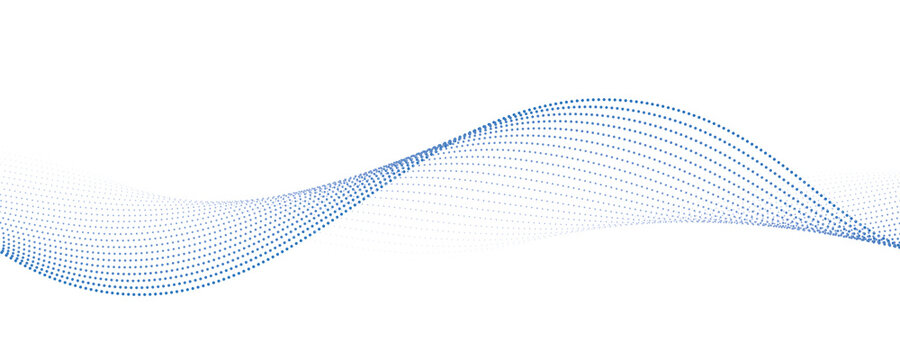 Blue dotted wave line pattern. Light halftone undulate net background. Abstract air flowing particle wallpaper