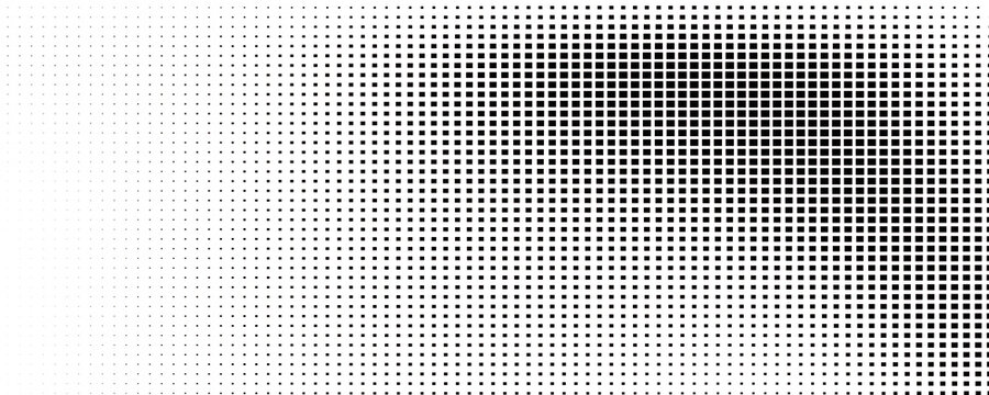 Halftone pixelated gradient background. Faded square particles texture. Dissolving grunge noise wallpaper. Black dots, speckles, pixels, specks wallpaper. Horizontal gritty vector backdrop
