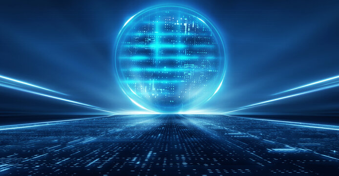 Abstract digital background with blue data grid and glowing neon light rays in perspective 3d render