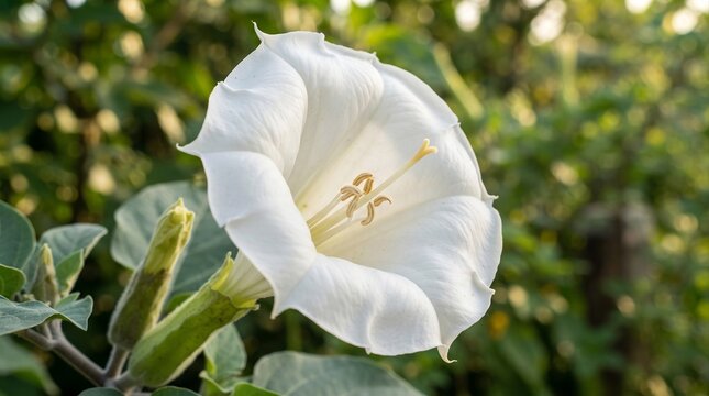 White trumpet-shaped flower of Datura inoxia, commonly known as moonflower, surrounded by green foliage