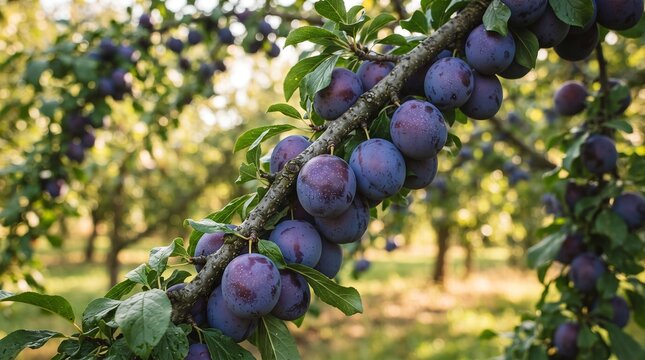 Close-up of a plum tree branch laden with ripe, purple plums (Prunus domestica) in an orchard