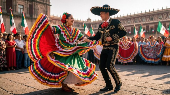 Mexican couple performs traditional Jarabe Tapatio dance in sunny plaza. Man wears black charro suit, sombrero. Woman spins in colorful folklorico dress with wide skirt. People watch festive cultural