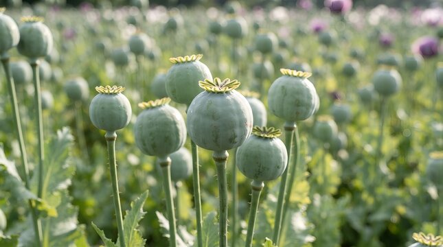 Field of poppy plants (Papaver somniferum) with prominent rounded seed pods, topped with star-shaped crowns
