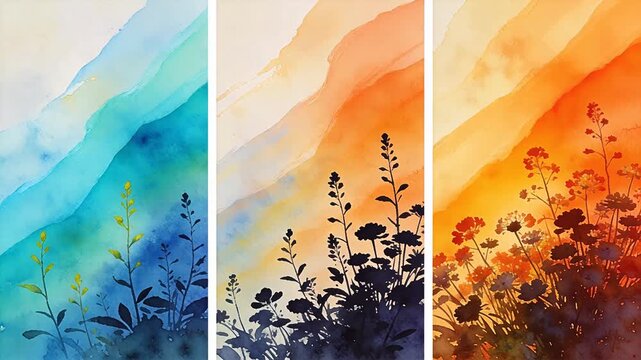 Set of three vertical watercolor paintings with nature themes and vibrant colors