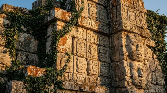 Ancient Mayan temple ruins with stone face carvings.