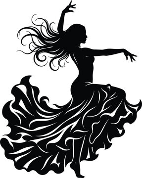 Graceful female flamenco dancer performing in flowing dress with long waving hair beautiful cultural performance vector graphic